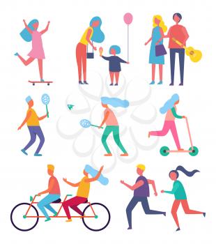 Skater woman and family isolated icons vector. Mother and child eating ice cream dessert. People playing tennis, riding bicycle and jogging together