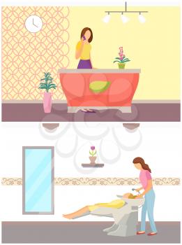 Spa salon and hair styling procedures set of people at work vector. Receptionist talking on phone with clients, stylist hairdresser washing woman head