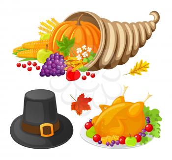 Pumpkin and turkey, cooked meat, isolated icons set vector. Hat and maple leaves, flowers and grapes, ears of wheat, corn and ripe autumnal apple