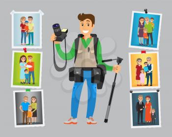 Cameraman take orders on birthdays and parties, family photo sessions. Samples of works hanging on wall vector. Photographer with digital camera and tripod