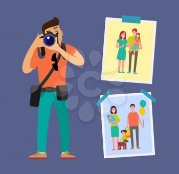 Photographer with digital camera taking photo. Man making picture, carrying case on belt. Samples of his work family pictures hanging on wall vector poster