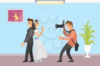 Wedding photo session of newlyweds by photographer. Groom in suit and bride wearing gown, funny spy pose, digital camera vector studio room interior