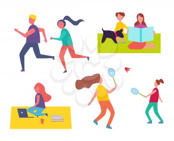 People jogging and playing tennis games isolated icons. Freelancer using laptop and books, sitting on blanket in park. Mother and kid with dog vector