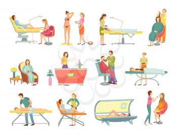 Spa salon pedicure and barber shop procedures isolated icons vector. Receptionist on reception, massage and masseur, tanning process and cosmetician