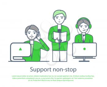 Support non stop poster male and female at computer poster. Helpline operators of call center receive calls vector. Company representatives answer questions