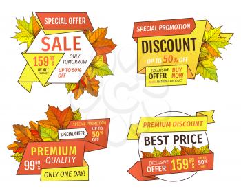 Shopping signs with info about sales, price tags vector isolated icons. Final or total clearance autumn labels, discounts on thanksgiving day, fall season