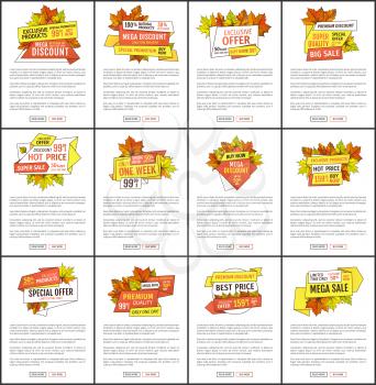 Set of sale adverts with autumnal foliage and orange leaves vector. Limited time buy now discount promo online posters set. Mega reduction of autumn fall prices