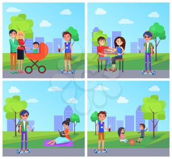 Students in park and people family with pram and baby in it set vector. Couple in love sitting on bench, woman reading book on blanket and young boy