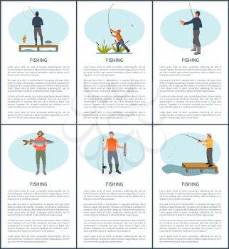 Fishing man posters with text. Fishery hobby and sport of males by lake. Wooden pier and seaweed plants and fisherman showing fish with rod vector