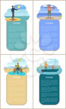 Fishing freetime and weekend activity on nature poster. Vector isolated people catching fish from riverside or powerboat and holding haul in hands.