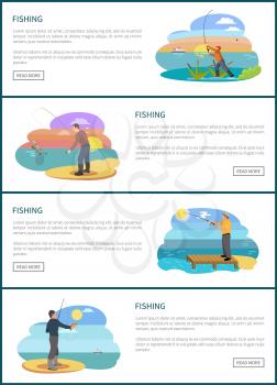 Fishing website landing page sample with text and fishery situations. Rodman throwing tackle, man with landing net, angling from dock and riverside.