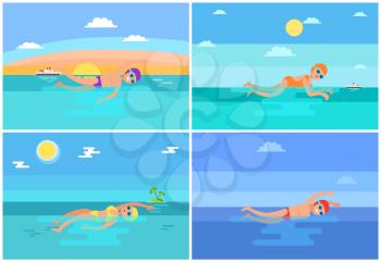 Breaststroke and butterfly swimming styles performed by professional swimmers. Seasides with palm trees, island and vessel ship floating vector set