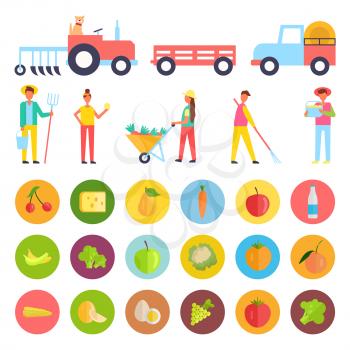 Farm people and harvest icons set. Tractors and farming transport, farmer and harvesting. Fruits and products cheese and cherry milk and banana vector