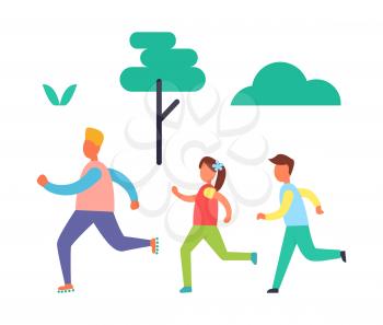 Fitness jogging father and kids. Children with active lifestyle running with parent good habit of boy and girl. Trees and bushes isolated on vector