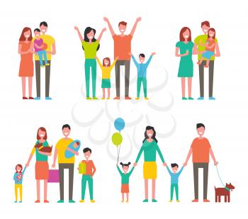 Happy families set, vector icon in cartoon style. Smiling parents with kids standing together, holding in hands balloons, toys, ice cream and pets banner