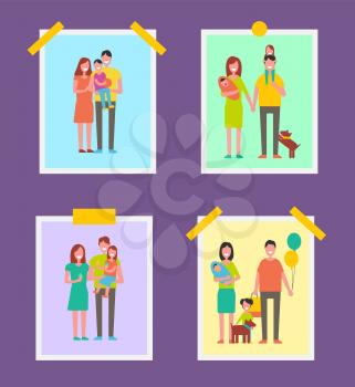 Family people pictures set vector. Father with shopping bag, mother holding newborn child. Daughter eating ice cream, boy playing will basketball ball