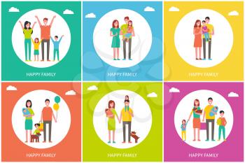 Happy family of parents and children with dog posters set. Mother, father next to kids, holding newborn baby or balloons cartoon vector illustrations.