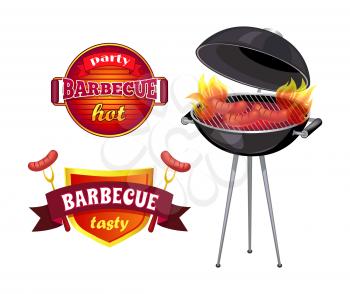 Party barbecue isolated icons set vector. Shield with ribbons and flames, roasted sausages on roaster. Brazier with cooking frankfurter broiling meal