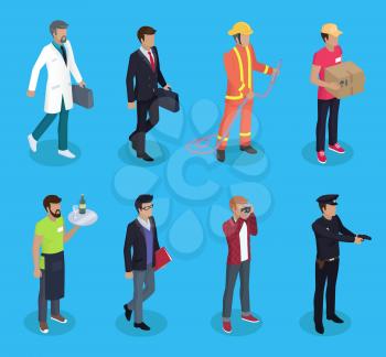 Server and doctor professions 3d isometric icons set. Businessman and firefighter with hose delivery man and parcel. Journalist cop police vector