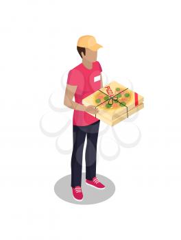 Delivery man with pizza box meal Italian traditional dish. Person wearing cap badge name on t-shirt holding fastfood 3d isometric isolated on vector