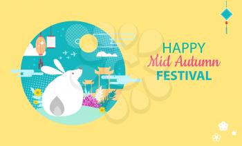 Happy mid autumn festival vector event flyer or postcard with floral decor. Legendary moon rabbit, triumphal arch, cranes and lanterns night scenery.