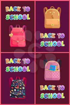 Back to school posters set. Different types of rucksacks for schoolchildren. Pupils backpack with pattern made of hearts pencils abc flowers vector