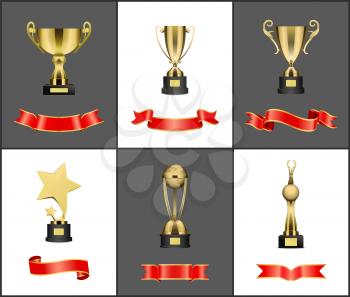 Award cups and winner statuette set with blank celebration ribbons on contrast backdrop. Goblet, rising star and planet figurine vector isolated.