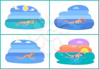 Backstroke and butterfly style isolated vector set. Water sport training in sea, professional exerts exercising. People wearing goggles and swimsuits
