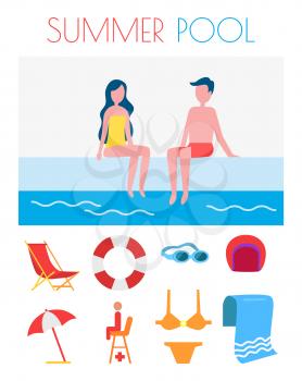 Summer pool poster,  with icons of goggles towel lifebuoy umbrella and bathing suit. Hat and glasses of professional swimmers. Couple by basin vector