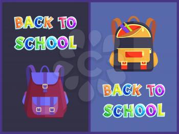 Back to schools bags of pupils students. Satchels set with pockets pencil and ruler. Knapsack with clasps and zipper zip-fasteners isolated on vector
