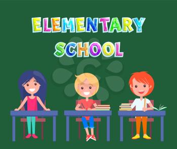 Elementary school multicoloured caption on poster with cartoon pupils. Vector schoolchildren sitting on tables applique for educational institution.