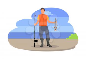 Fishing fisherman with rod vector illustration. Standing fisher with fish-rod and fish in hands, in sportswear, isolated on landscape, sport theme