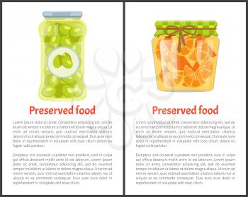Preserved food poster olives in glass jar vector and conserved citrus oranges vector. Pickled marinated veggies and fruits, homemade canned snack