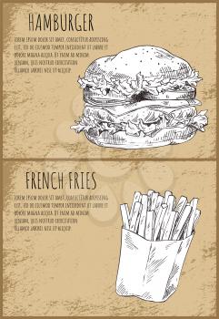 Hamburger and French fries. Meat bun with salad leaves and fried potatoes sticks. Monochrome sketches outline poster set dishes vector illustration