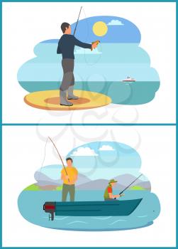 Fishing people set images. Men on river lake bank, seashores full of sand with fishers person holding rod. Males floating on boat vector illustration