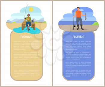 Fishermen fishing from platform and from bank sketch. Sitting and standing fishers with fish-rod and fish, full bucket and tackle vector illustration