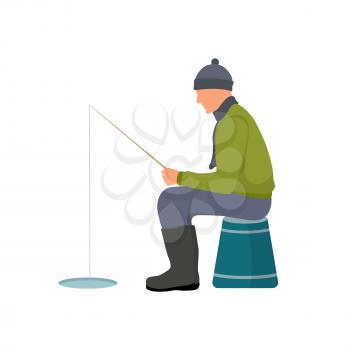 Winter fishing colorful card vector illustration, man in warm clothing and hat holding a fishing-rod and sitting on bucket, isolated on white backdrop