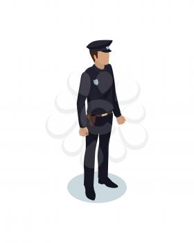 Police officer in black uniform. Strong person wearing special clothes with badge. Protection of are by man working as policeman isolated on vector