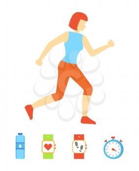 Running woman weight loss isolated icons set vector. Bottle of water, fitness watch with steps and heart rate and clock showing time spent on training