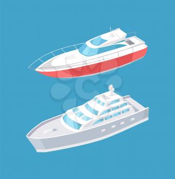 Modern yachts sailing in deep blue waters, steamship cruise nautical craft. Sailboat and passenger liner marine traveling vessels vector icons isolated.