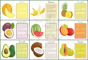 Melon and banana with peel posters vector. Pineapple and passion tropical fruit, watermelon and mango, avocado and coconut. Papaya slices with seeds