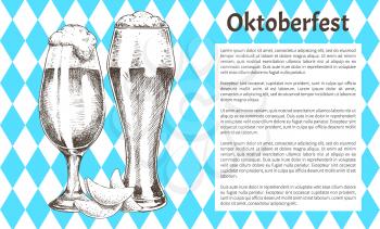 Oktoberfest drink poster with text sample, big full pilsner and tulip glass with foam and potato chips snack vintage hand drawn vector illustration.