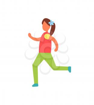 Running girl vector badge, training sport theme. Young female with ponytail in sportswear jogging outdoor, cartoon flat style, healthy lifestyle.