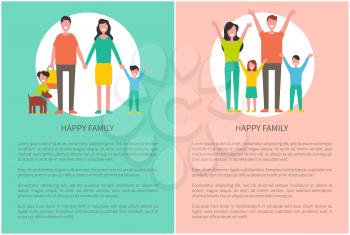Happy family poster people rising hands up isolated in circle. Mother, father, daughter and son and adorable pet. Vector parents and children leaflet