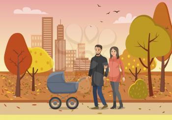 Couple with pram family people in autumn city town park together vector. Trees and foliage, birds in sky and skyscrapers with buildings, empty streets