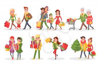 Characters or families on Christmas shopping set. Men with women carrying packages, supermarket cart, spruce and boxes vector illustrations isolated.