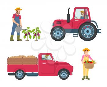 Tractor and lorry machinery set. Man watering aubergine plantation with can, woman holding basket with carrots and peppers vegetables veggies vector