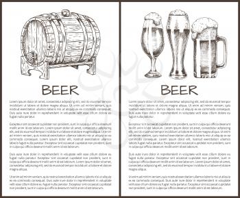 Beer objects set hand drawn vector sketches. Full tumblers with flowing foam and wooden barrel isolated on white vintage icons template for bar menu