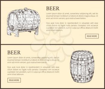 Big beer wood barrel and small pin vintage hand drawn vector illustration. Sketch style landing page with text sample for brew house and promotion.