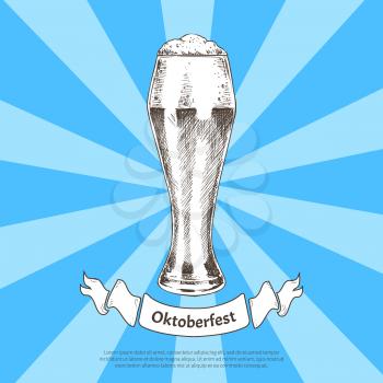 Oktoberfest beer holidays vector illustration, colorful banner isolated striped blue background, graphic image of ale glass with alcohol beverage
